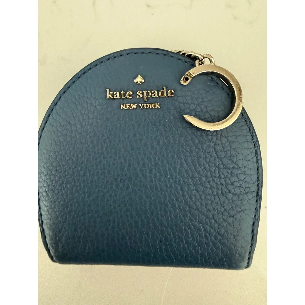 Kate Spade New York Blue Leather Coin Purse Keychain Wallet Half Moon Zip Pouch